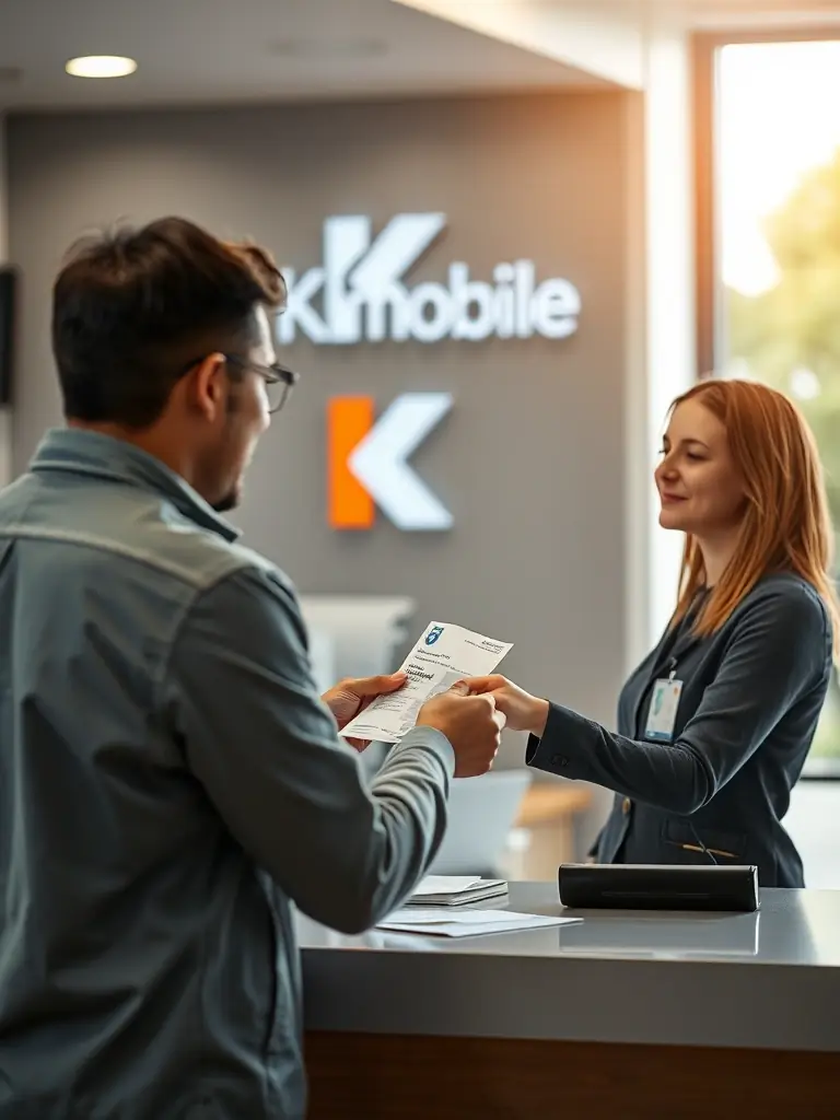 A person paying a bill at a counter with a K Mobile 1 logo subtly displayed in the background, emphasizing convenience and reliability.
