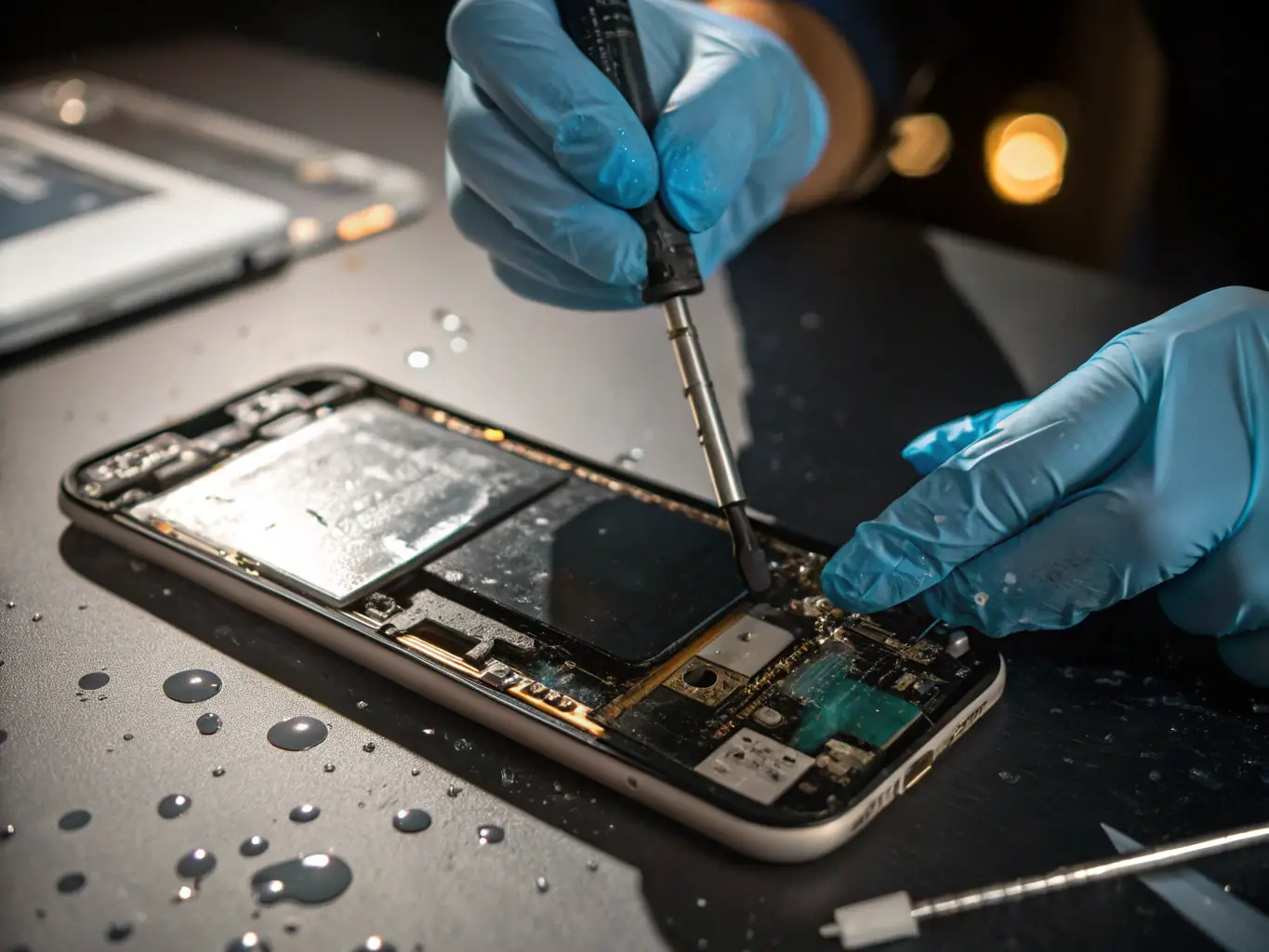 A photo of a disassembled smartphone with water droplets visible on the internal components. The image conveys the complexity of water damage repair and the need for professional intervention.