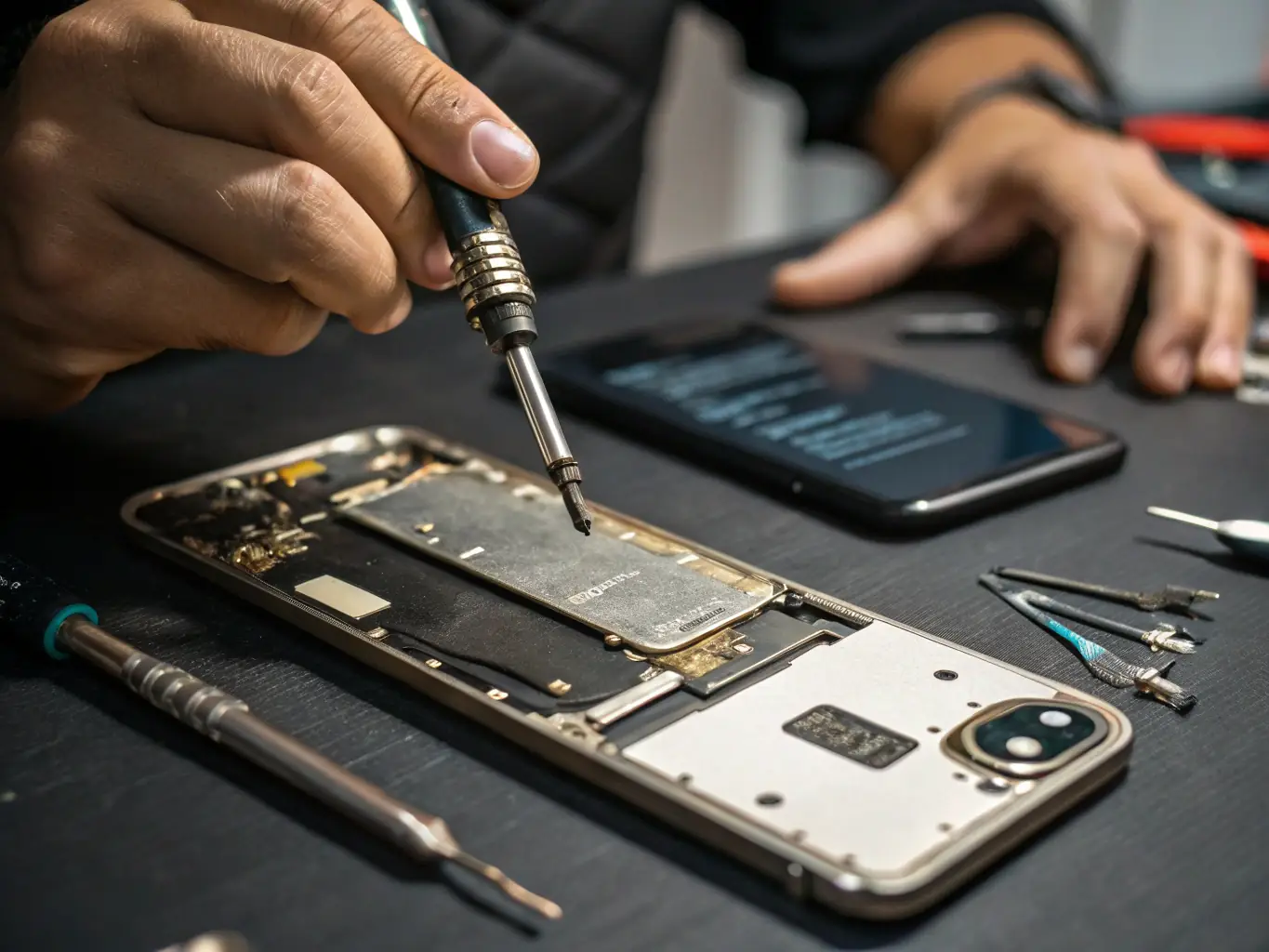 An image of a phone with a swollen battery being carefully removed by a technician wearing protective gloves. The background shows various tools and components used for battery replacements.