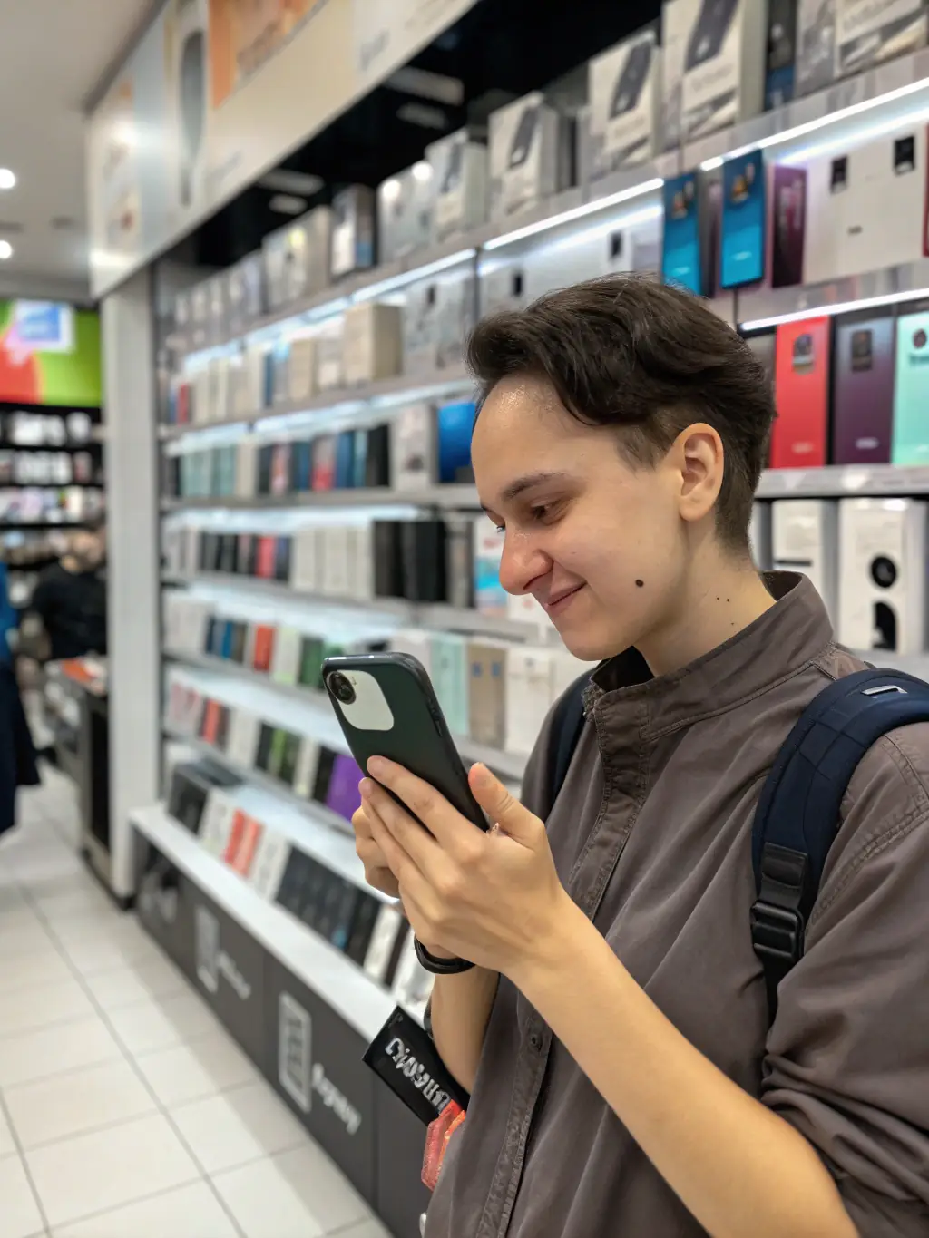A customer is browsing a selection of new and used phones at K Mobile 1, highlighting the variety of options available.